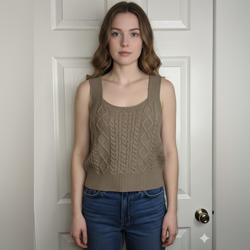 Cotton Emporium Women’s Medium Tan Acrylic Cable Knit Sleeveless Sweater Top M - Picture 14 of 14